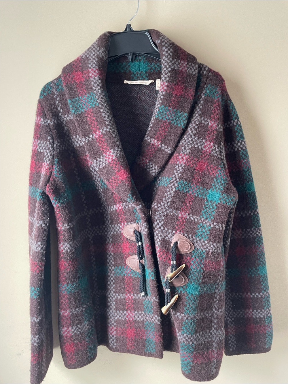 Soft Surroundings Brown Plaid Toggle Coat with Teal & Burgundy Accents